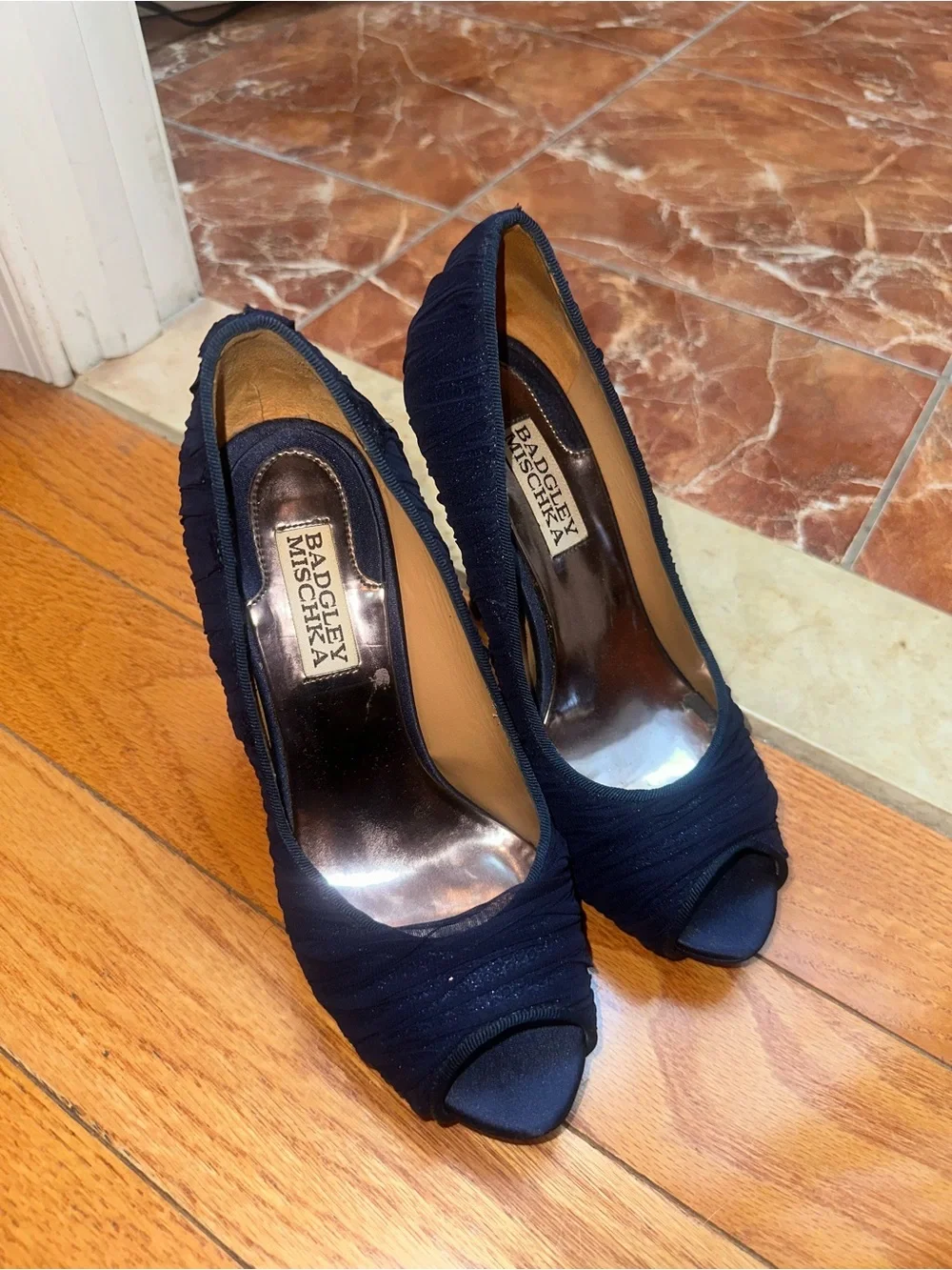 Badgley Mischka Navy Ruched Peep-Toe Pumps